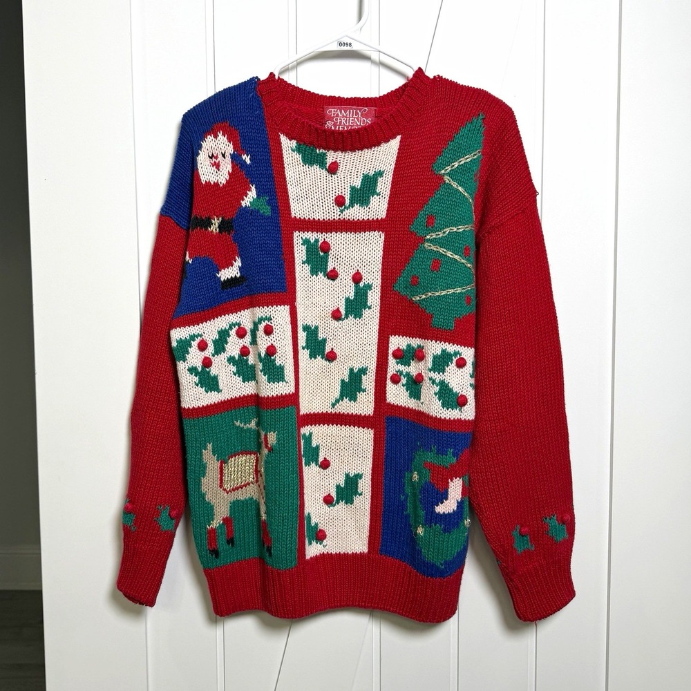 Family & Friends Memories Women's Medium Red Knit Crewneck Christmas Sweater 90s